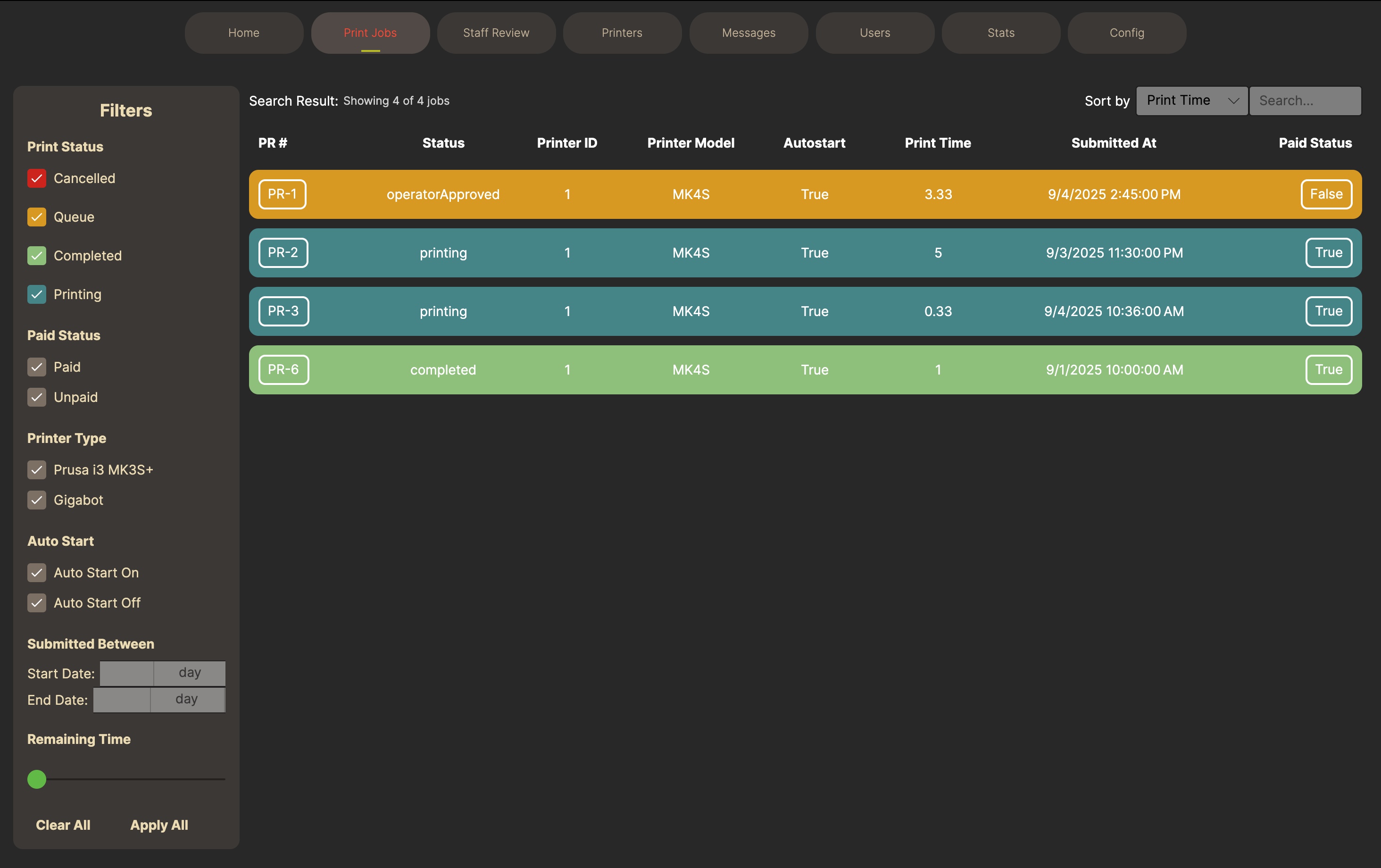 Print jobs queue with filters, statuses, and bulk actions
