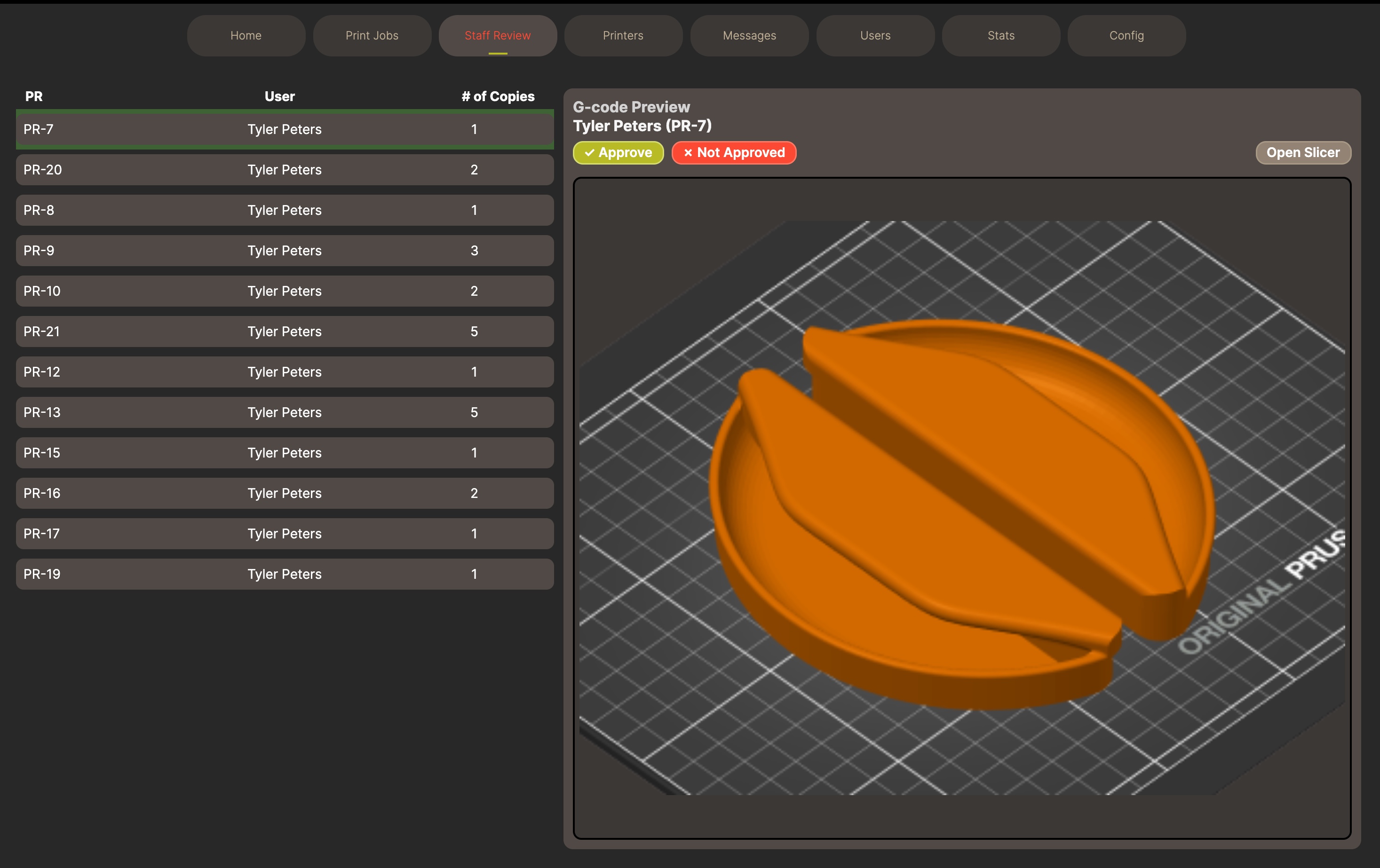 Staff review screen showing GCode preview and option to open PrusaSlicer